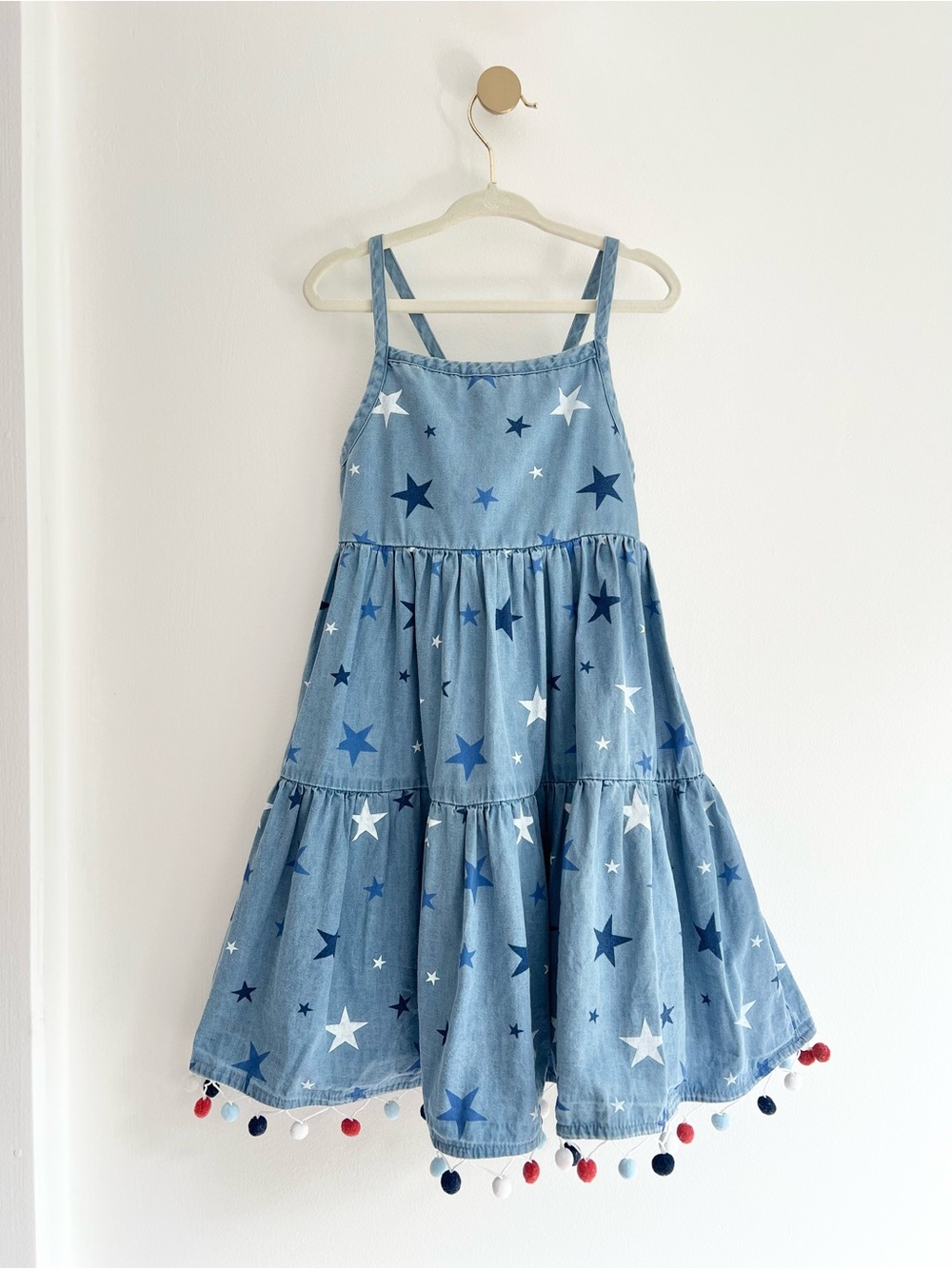Tommy Bahama Blue Chambray Festive Star Tiered Sundress with Pom Trim | Girls 5T